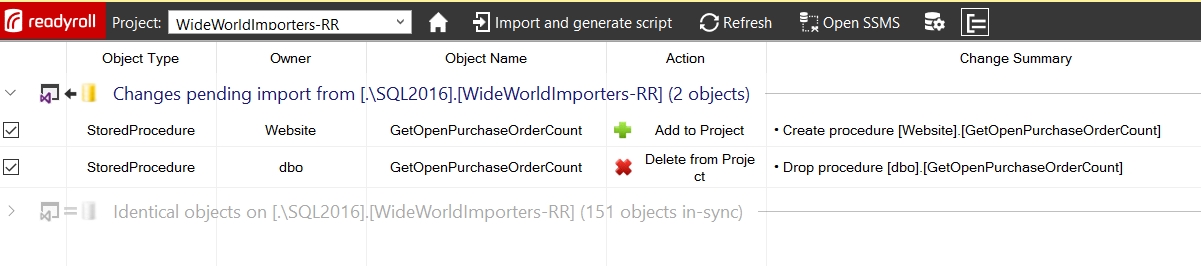 In the ReadyRoll pane, two StoredProcedure object types display. Under Action, the first one is Add to Project, and the second one is Delete from Project.